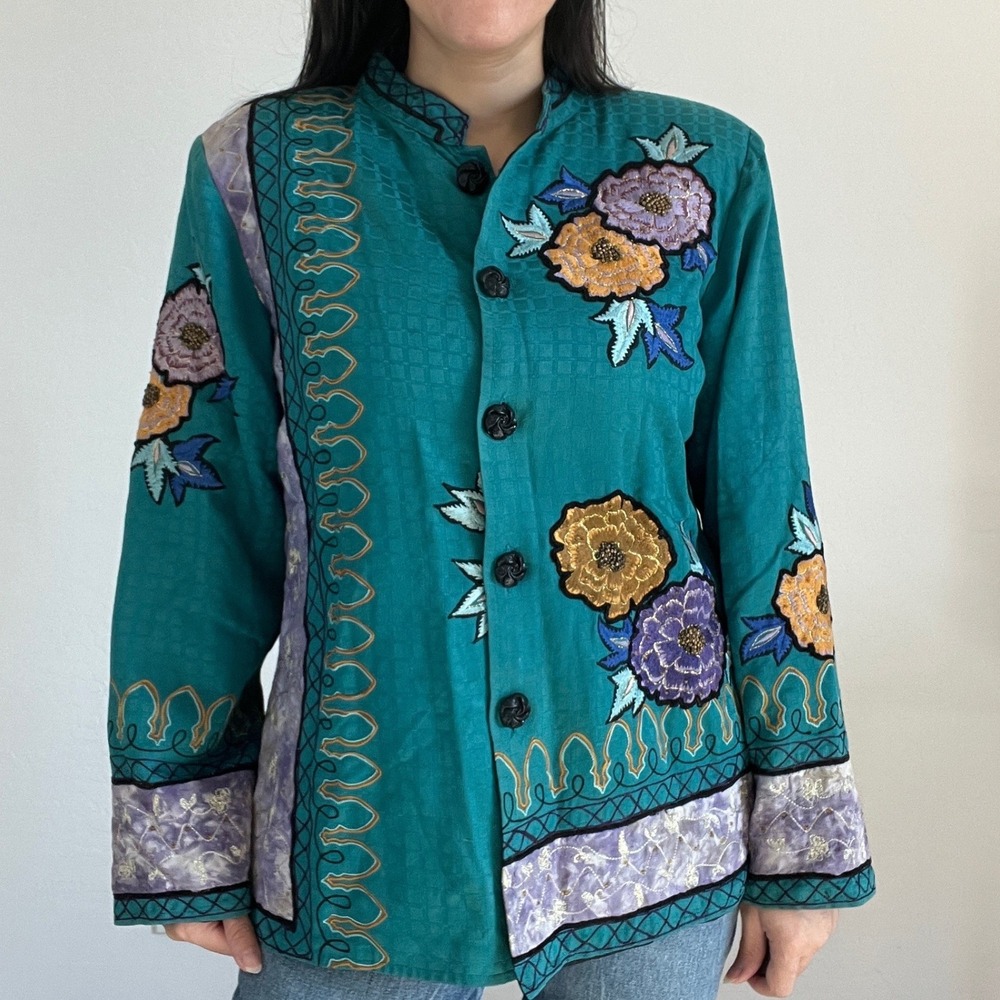 Alex Kin Button Cotton Blend jacket Women PM Teal Floral Embroidered Beaded